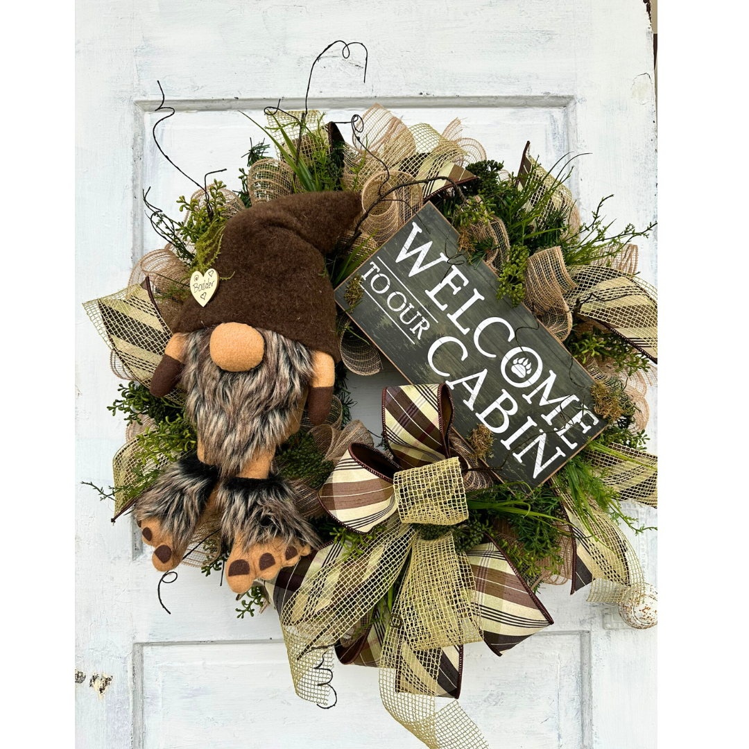 Handmade Gnome Cabin Welcome Wreath 27x23 - Rustic Door Decoration