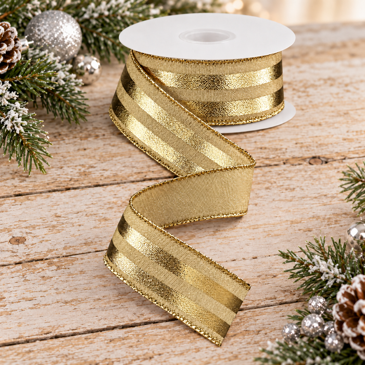 Gold Metallic Stripe Ribbon | Wired Metallic Christmas Ribbon | 1.5" x 10yd-RGE144908 Craig Bachman