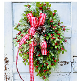 31" Grand Holiday Teardrop Swag – Flocked Pine, Holly & Plaid Ribbon TCT Crafts