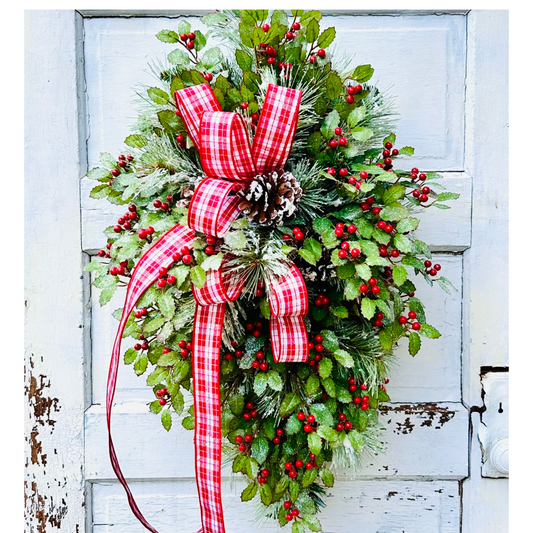 31" Grand Holiday Teardrop Swag – Flocked Pine, Holly & Plaid Ribbon TCT Crafts