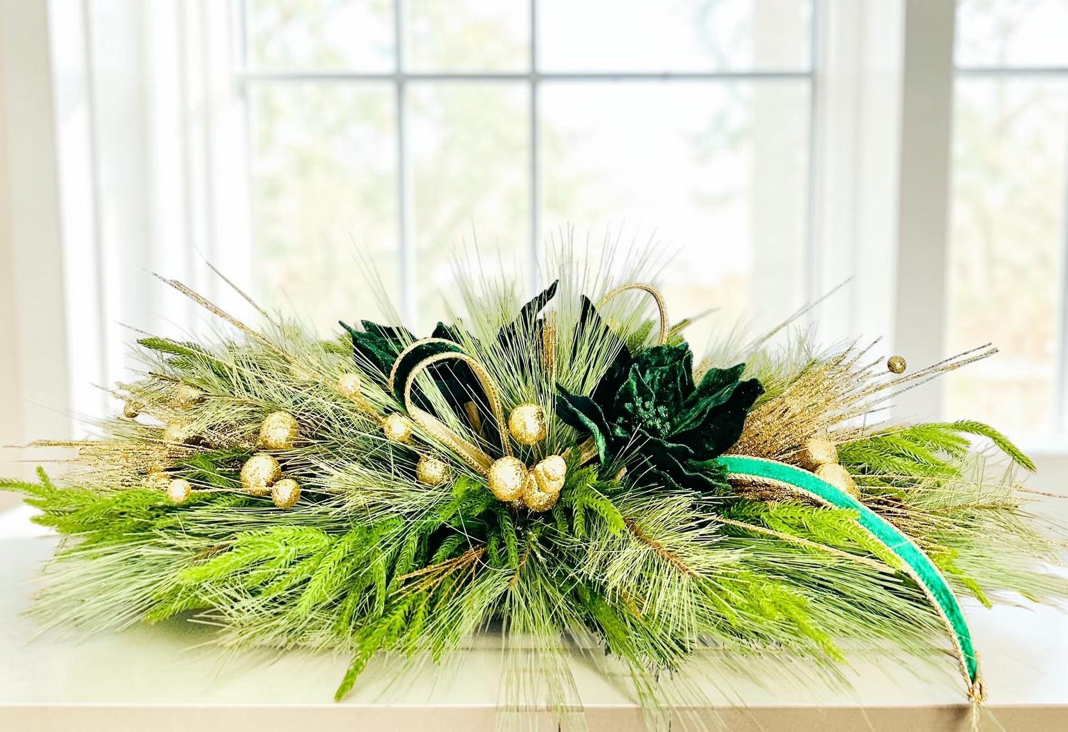 Elegant Emerald Green and Gold Holiday Centerpiece or Door Swag