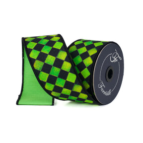 Farrisilk Lime Green Sketch Check Wired Ribbon 2.5 Inch 10 Yards-HR044-61 Farrisilk