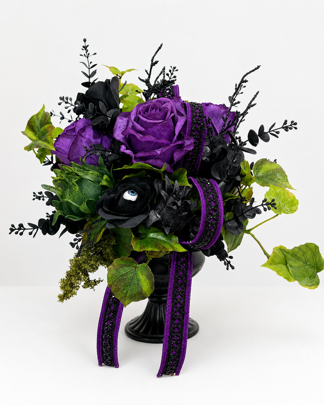 Elegant Halloween Floral Arrangement in Black Compote with Eyeball & Rose Accents – 14” TCT Crafts