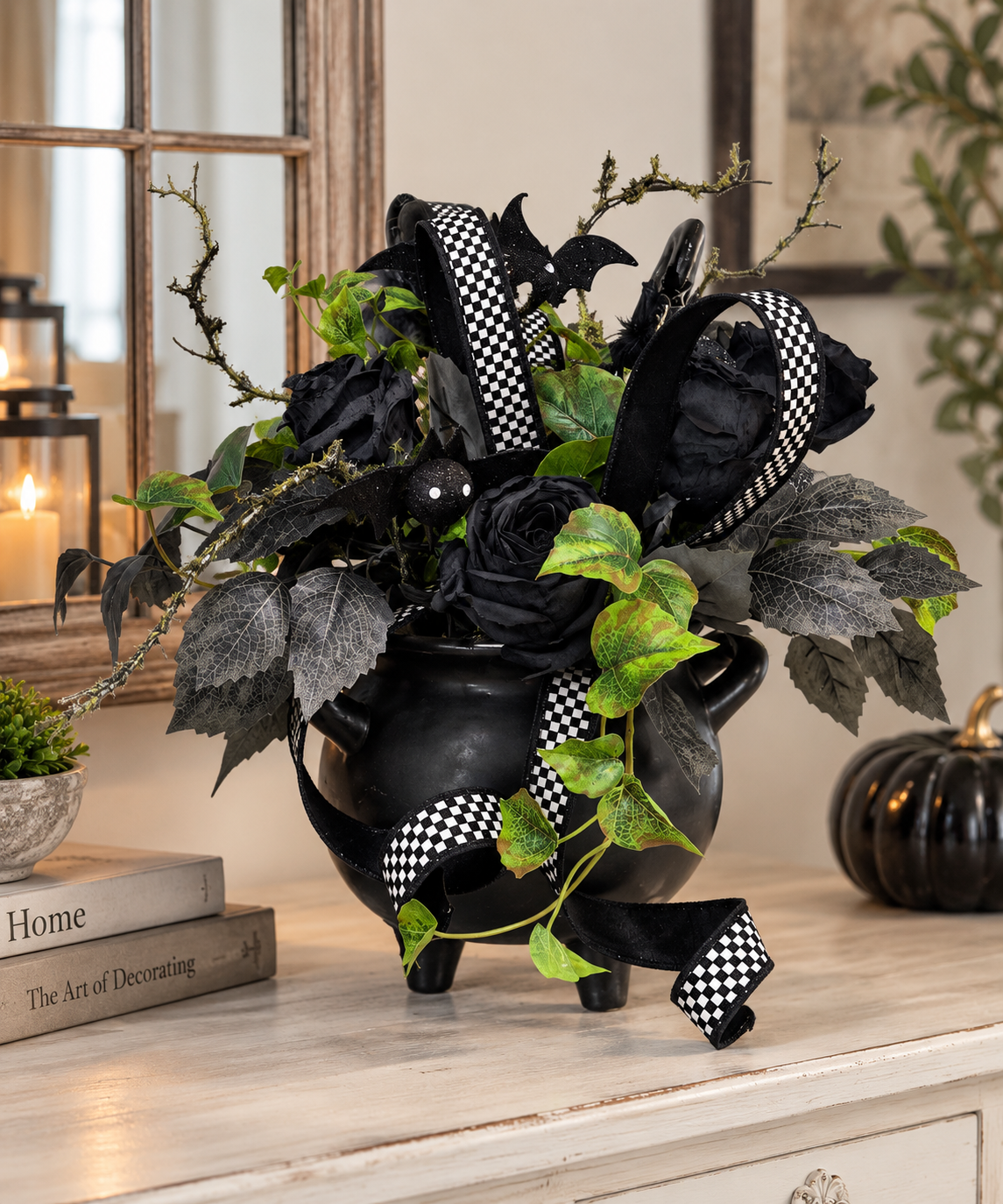 Halloween Cauldron Arrangement – Gothic Floral Centerpiece with Black Roses TCT Crafts Designs & Decor