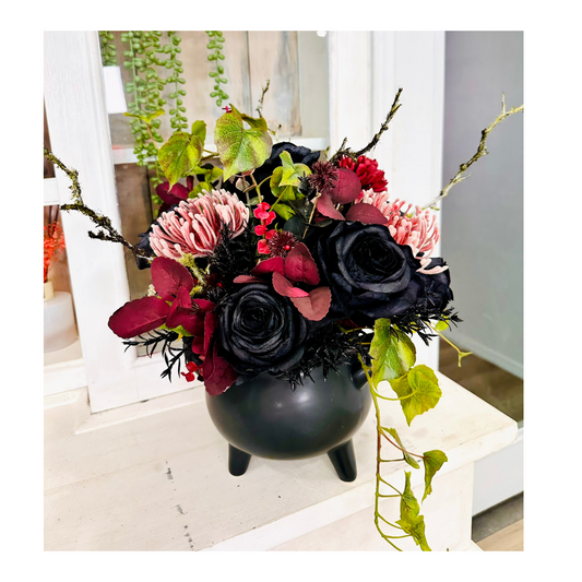 Halloween Cauldron Arrangement – Gothic Floral Centerpiece with Black Roses TCT Crafts