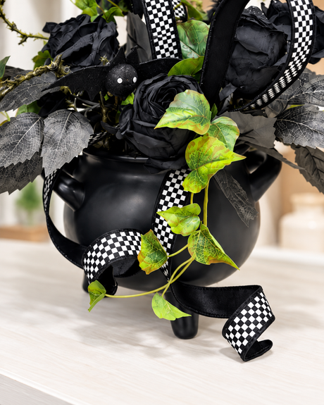 Halloween Cauldron Arrangement – Gothic Floral Centerpiece with Black Roses TCT Crafts Designs & Decor