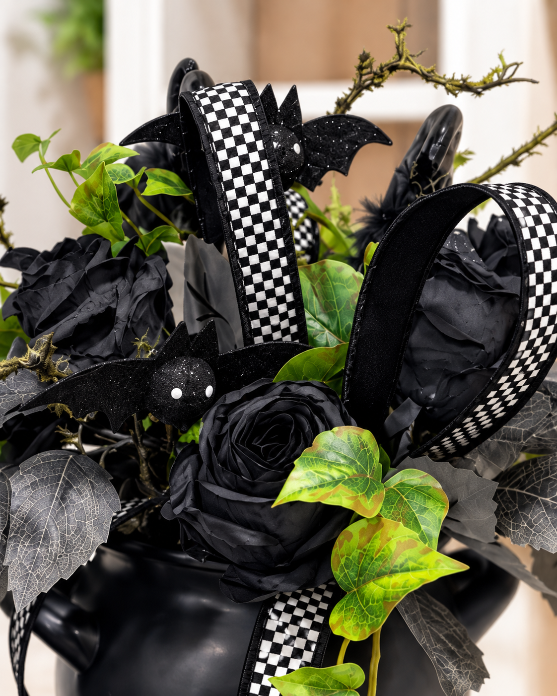 Halloween Cauldron Arrangement – Gothic Floral Centerpiece with Black Roses TCT Crafts Designs & Decor