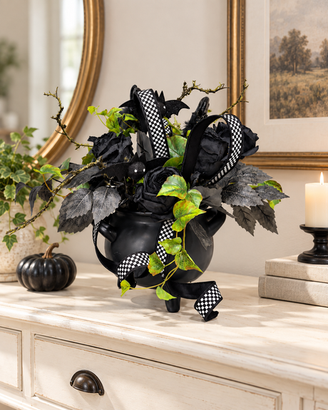 Halloween Cauldron Arrangement – Gothic Floral Centerpiece with Black Roses TCT Crafts Designs & Decor