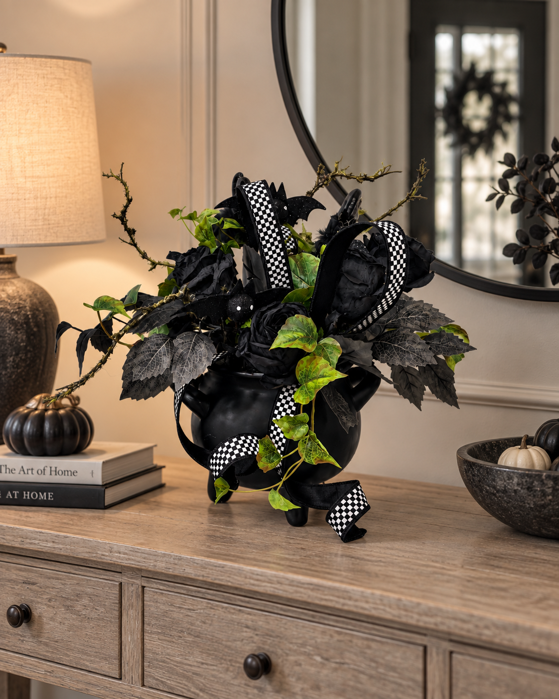 Halloween Cauldron Arrangement – Gothic Floral Centerpiece with Black Roses TCT Crafts Designs & Decor