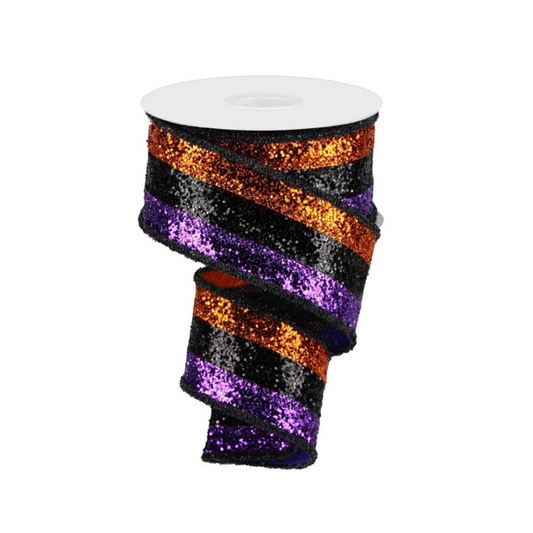 Halloween Glitter Ribbon 2.5"x10yd – Orange Purple Black Wired Craig Bachman