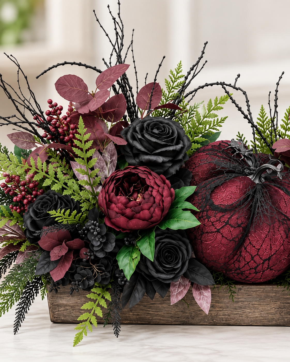 Gothic Glam Halloween Centerpiece | Burgundy and Black Rose Table Display TCT Crafts