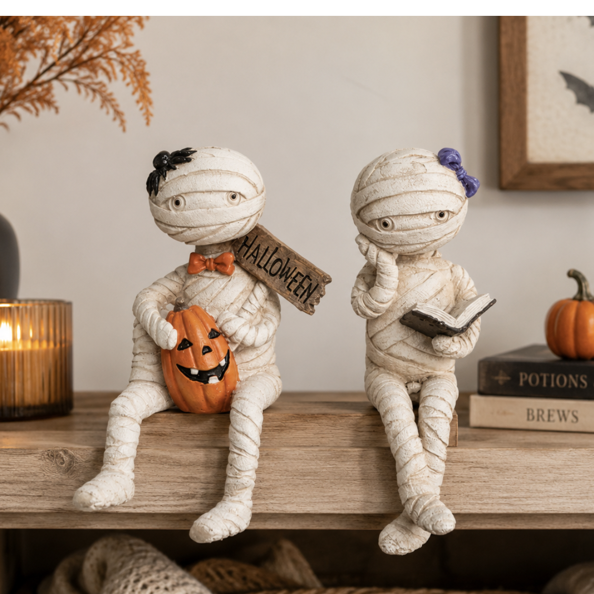 Halloween Mummy Shelf Sitter Set — Spooky Cute Resin Mummy Figurines, Set of 2-R0135 Transpac