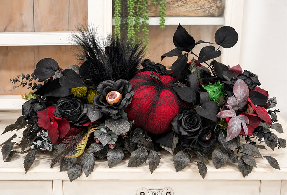 Gothic Halloween Centerpiece | Black Rose Spider Pumpkin Arrangement | 30"Lx15"W-2196 TCT Crafts Designs & Decor