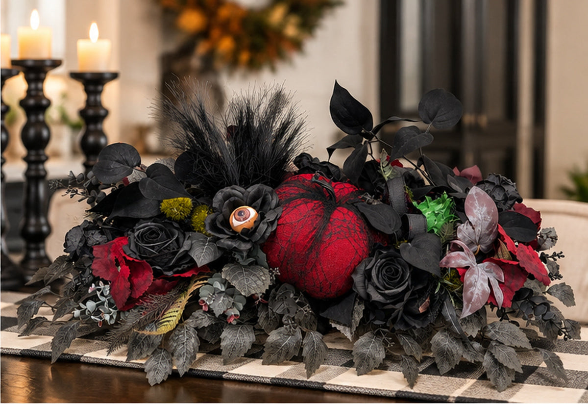 Gothic Halloween Centerpiece | Black Rose Spider Pumpkin Arrangement | 30"Lx15"W-2196 TCT Crafts Designs & Decor