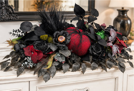 Gothic Halloween Centerpiece | Black Rose Spider Pumpkin Arrangement | 30"Lx15"W-2196 TCT Crafts Designs & Decor