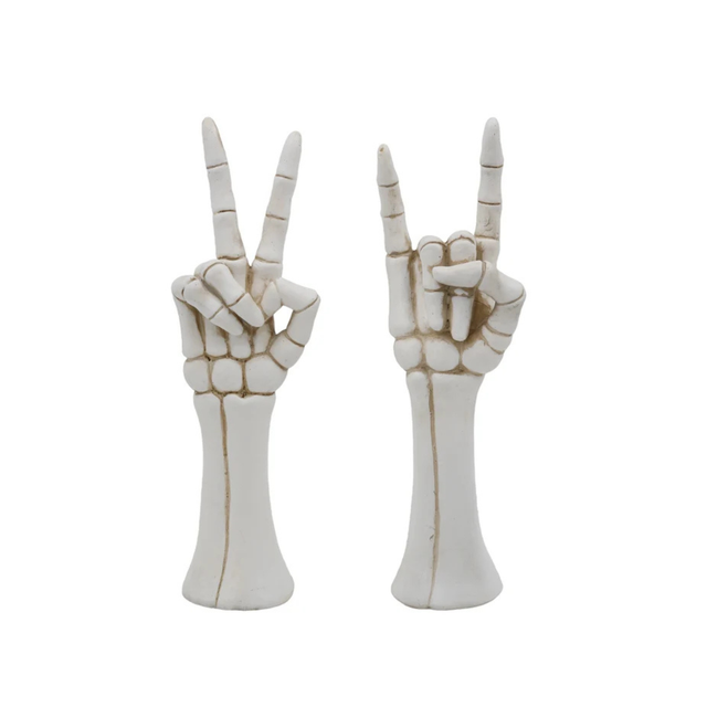 Skeleton Hand Decor Set of 2 — 10 Inch Peace Sign & Rock On Halloween Statues Transpac