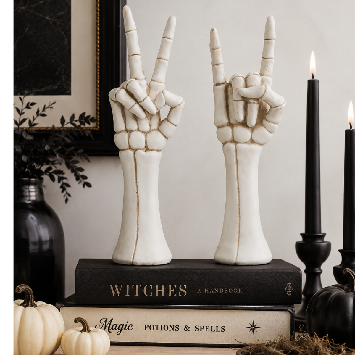 Skeleton Hand Decor Set of 2 — 10 Inch Peace Sign & Rock On Halloween Statues Transpac