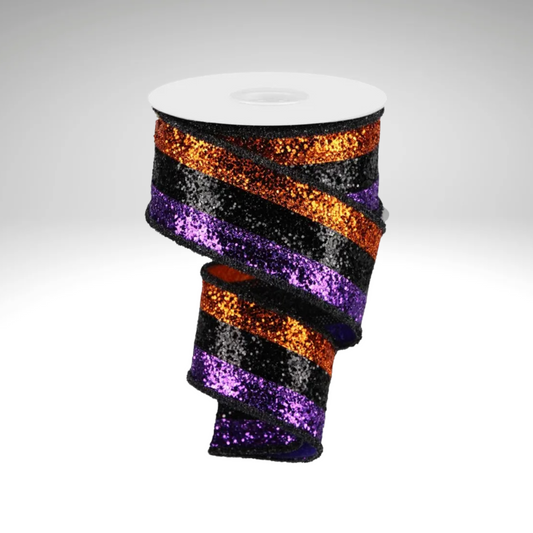 Halloween Glitter Ribbon 2.5"x10yd – Orange Purple Black Wired Craig Bachman