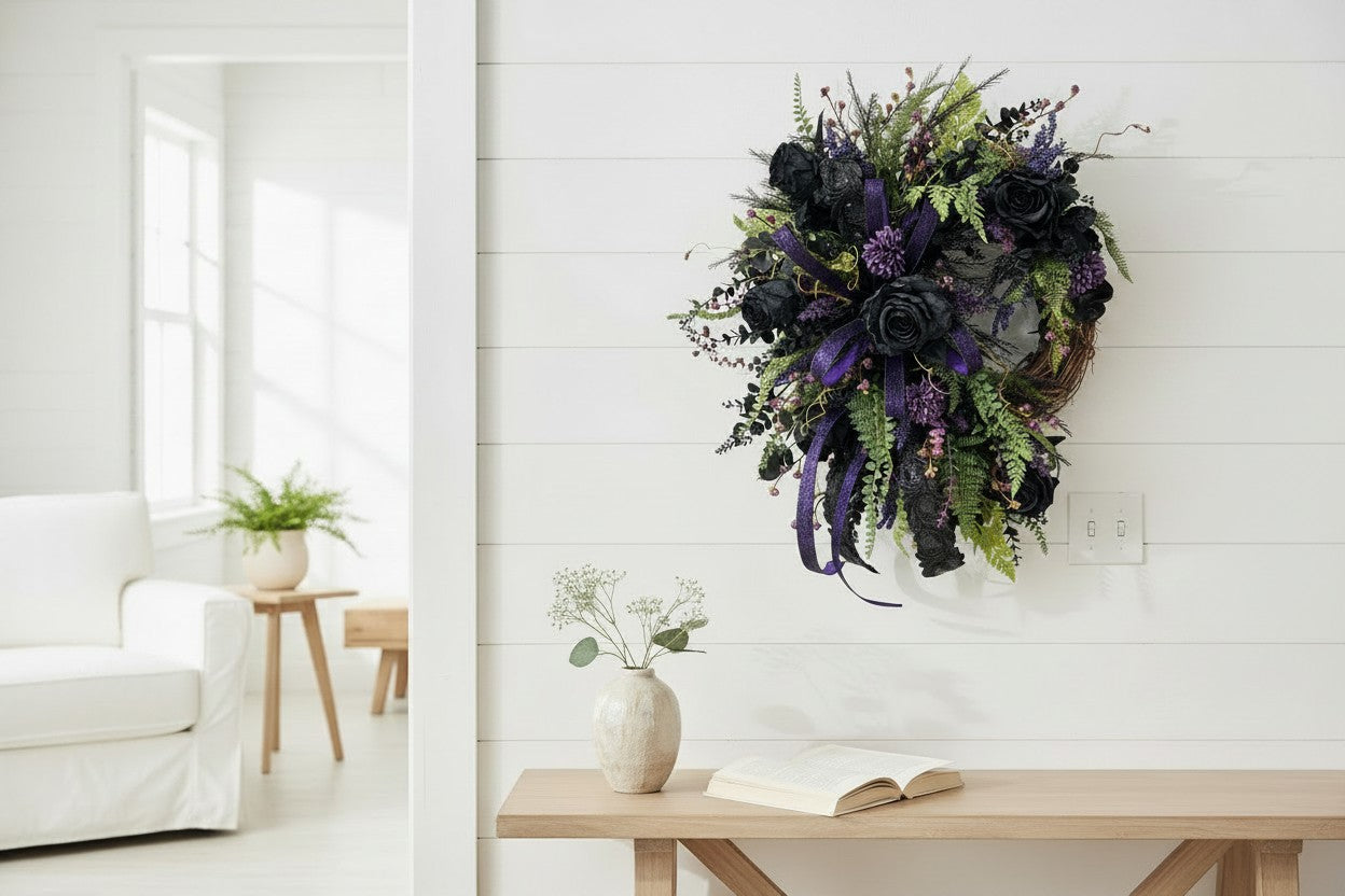 Purple Black Halloween Wreath | Gothic Rose Front Door Decor TCT Crafts