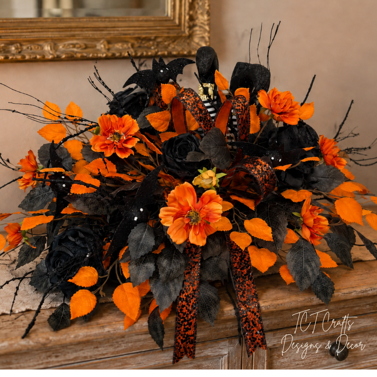 Halloween Witch Legs Centerpiece — 27 Inch Orange Black Bat Rose Arrangement TCT Crafts