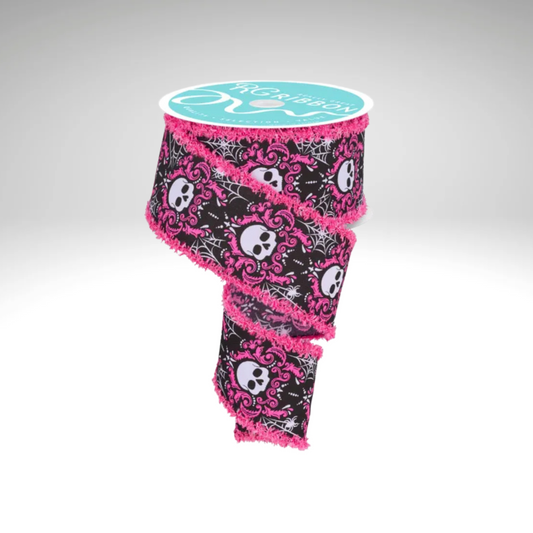 Skull Damask Ribbon 2.5"x10yd – Black Pink Wired Halloween Ribbon-RGC8245J6 Craig Bachman
