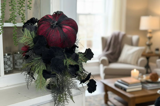 Glamorous Burgundy & Black Halloween Candlestick Arrangement - 18x14 Gothic Floral Centerpiece - Halloween Table Arrangement by TCT Crafts TCT Crafts