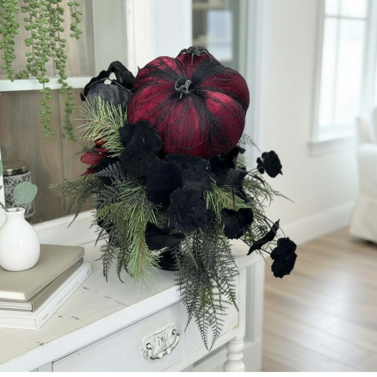 Glamorous Burgundy & Black Halloween Candlestick Arrangement - 18x14 Gothic Floral Centerpiece - Halloween Table Arrangement by TCT Crafts TCT Crafts