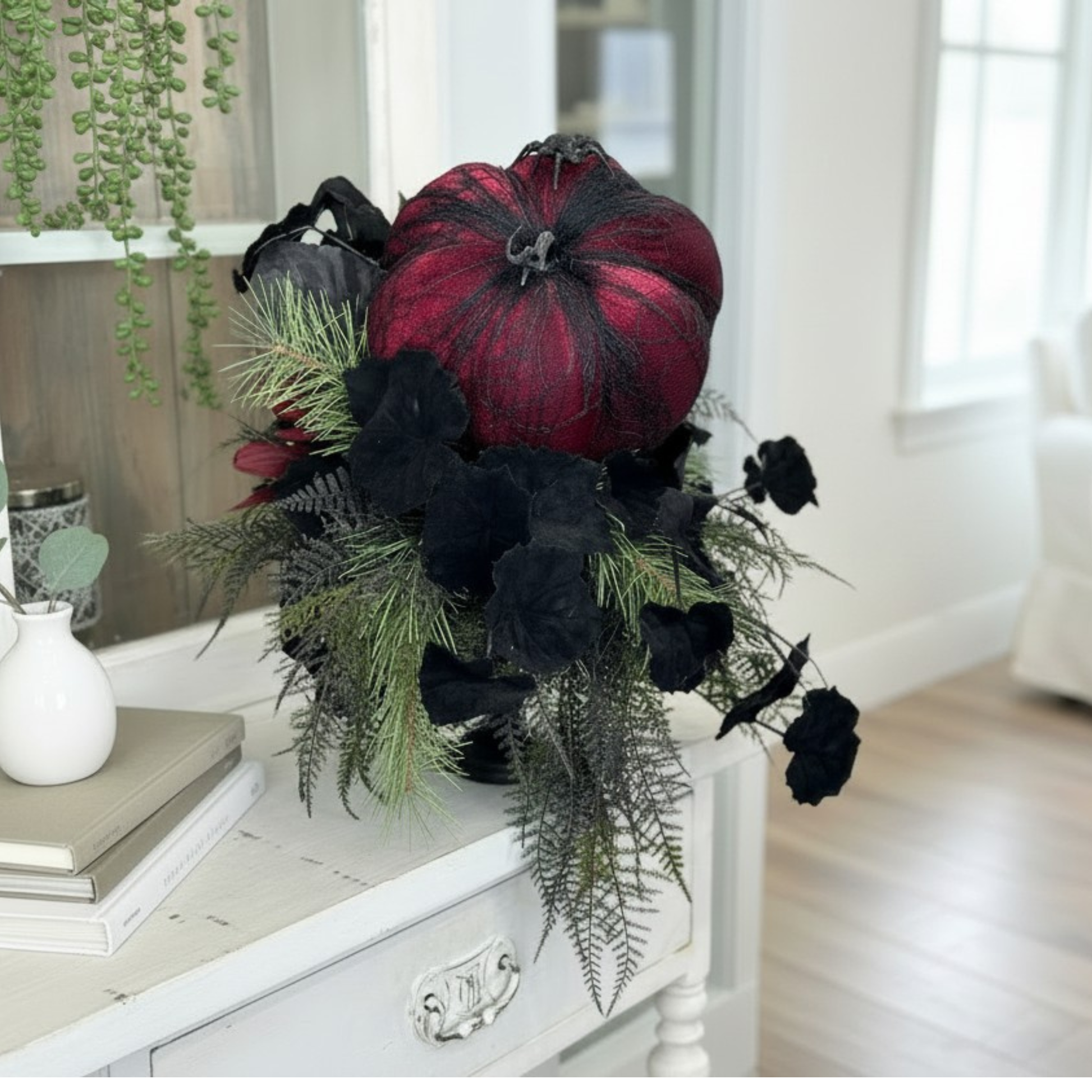 Glamorous Burgundy & Black Halloween Candlestick Arrangement - 18x14 Gothic Floral Centerpiece - Halloween Table Arrangement by TCT Crafts TCT Crafts