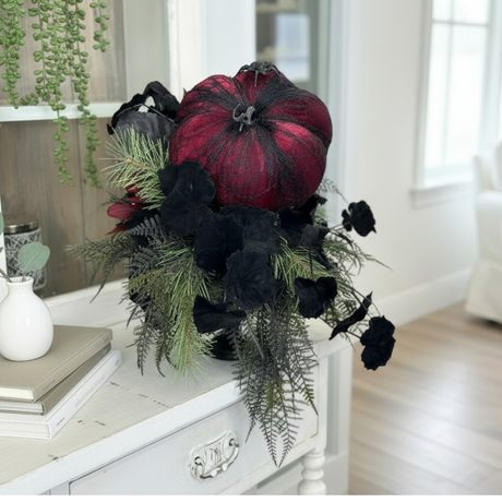 Glamorous Burgundy & Black Halloween Candlestick Arrangement - 18x14 Gothic Floral Centerpiece - Halloween Table Arrangement by TCT Crafts TCT Crafts