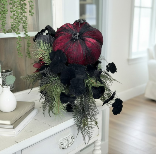 Glamorous Burgundy & Black Halloween Candlestick Arrangement - 18x14 Gothic Floral Centerpiece - Halloween Table Arrangement by TCT Crafts TCT Crafts