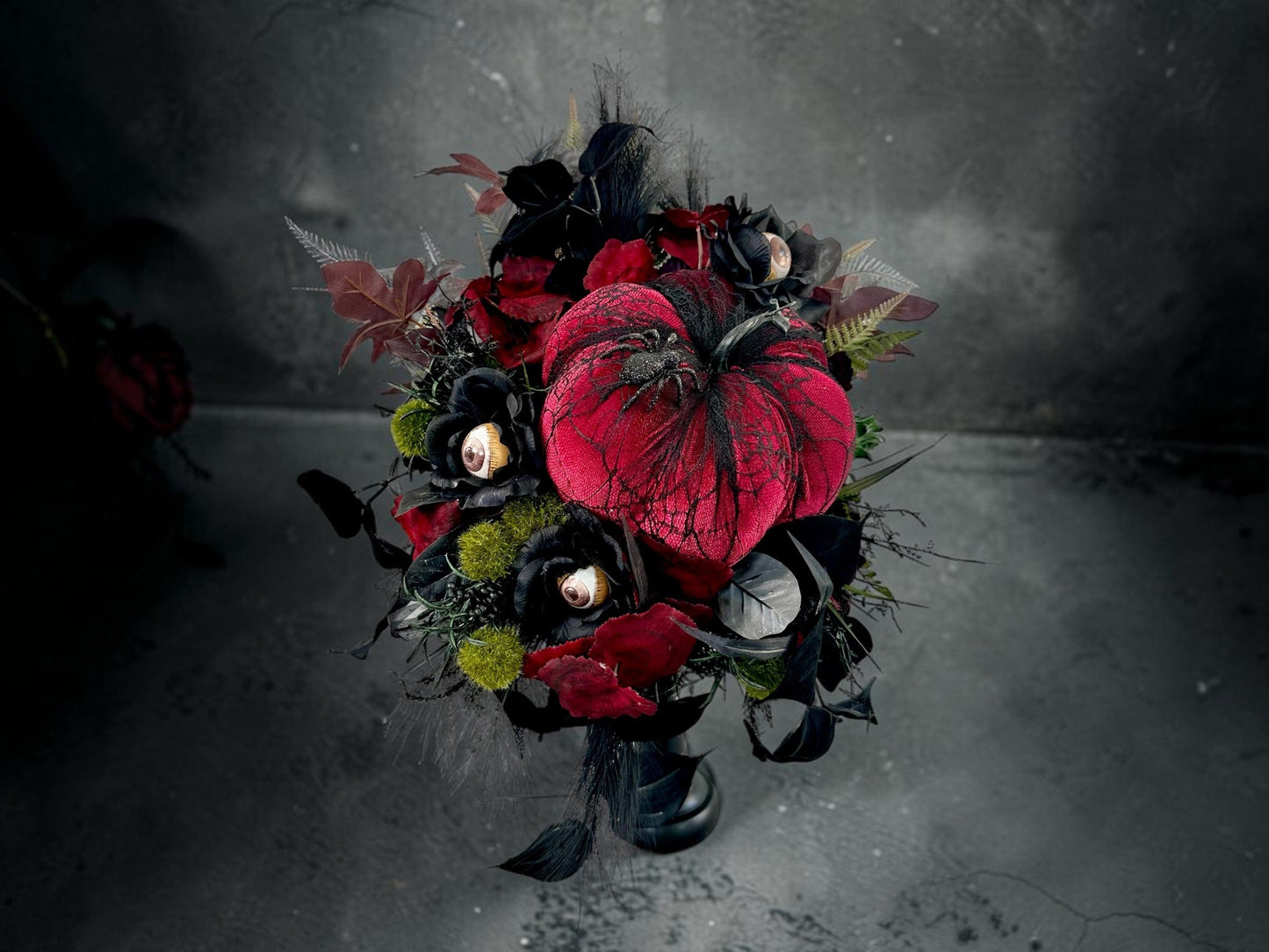 Spooky Glam Halloween Arrangement - Elegant Black Candlestick with Burgundy Foam Pumpkin and Halloween Florals-TCT1674 TCT Crafts