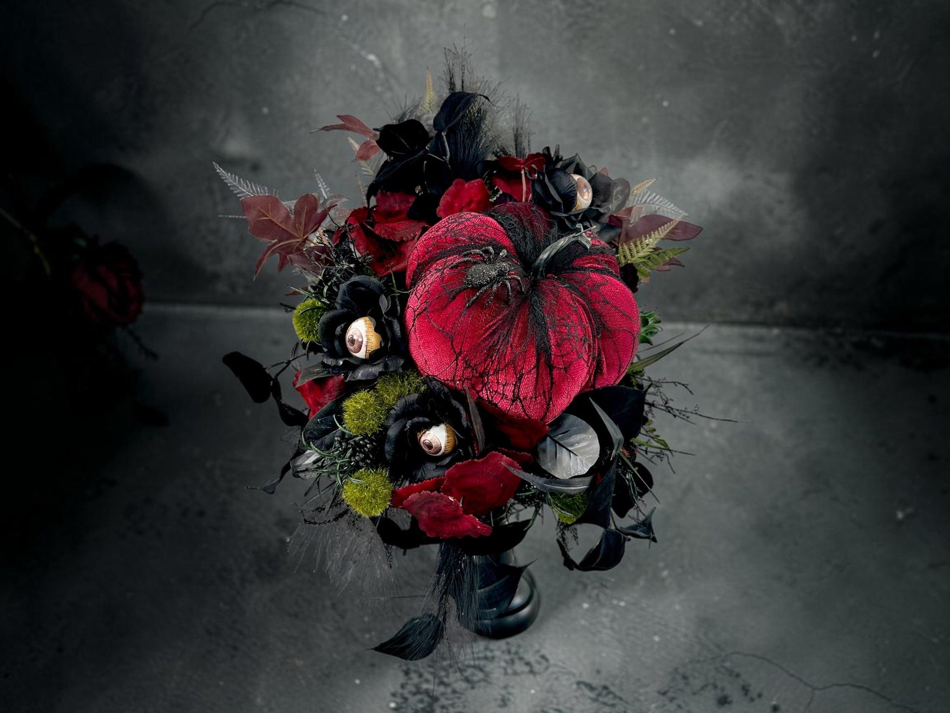 Spooky Glam Halloween Arrangement - Elegant Black Candlestick with Burgundy Foam Pumpkin and Halloween Florals-TCT1674 TCT Crafts