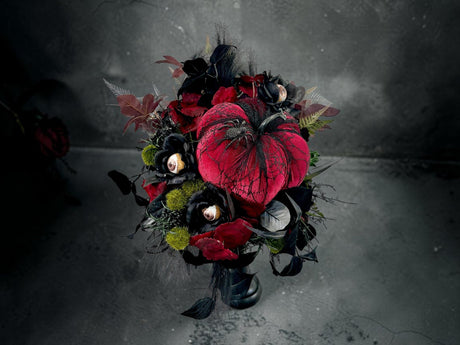 Spooky Glam Halloween Arrangement - Elegant Black Candlestick with Burgundy Foam Pumpkin and Halloween Florals-TCT1674 TCT Crafts