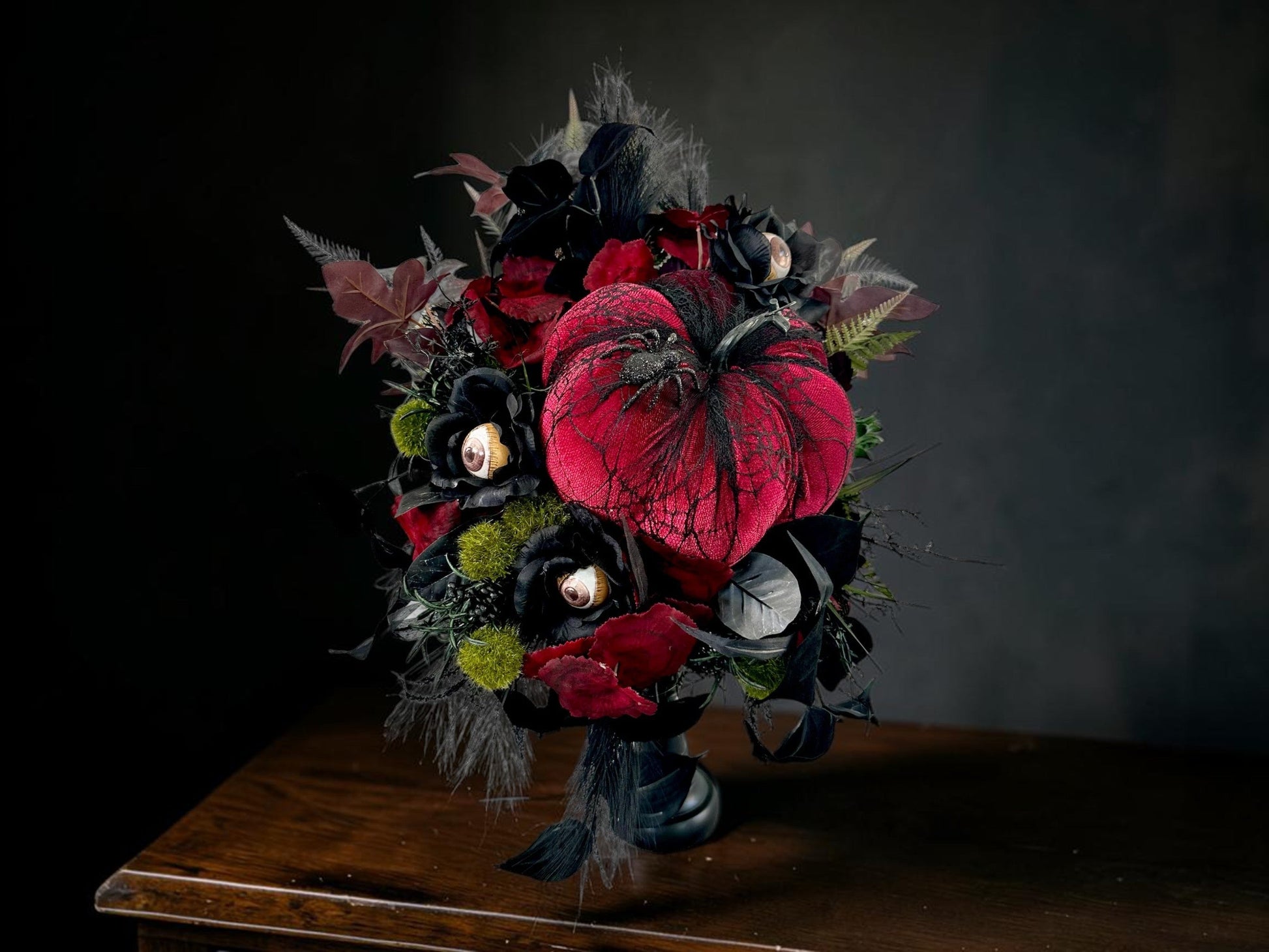 Spooky Glam Halloween Arrangement - Elegant Black Candlestick with Burgundy Foam Pumpkin and Halloween Florals-TCT1674 TCT Crafts