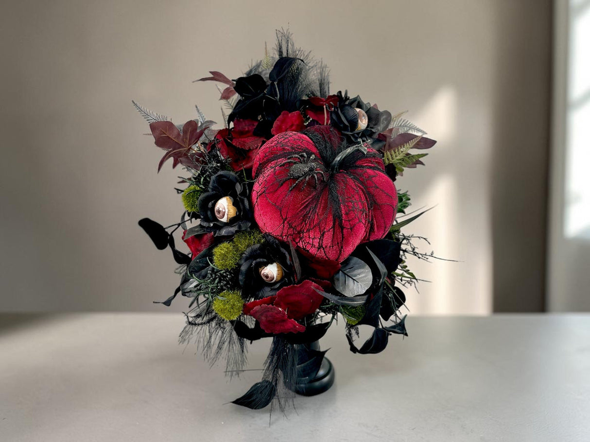 Spooky Glam Halloween Arrangement - Elegant Black Candlestick with Burgundy Foam Pumpkin and Halloween Florals-TCT1674 TCT Crafts