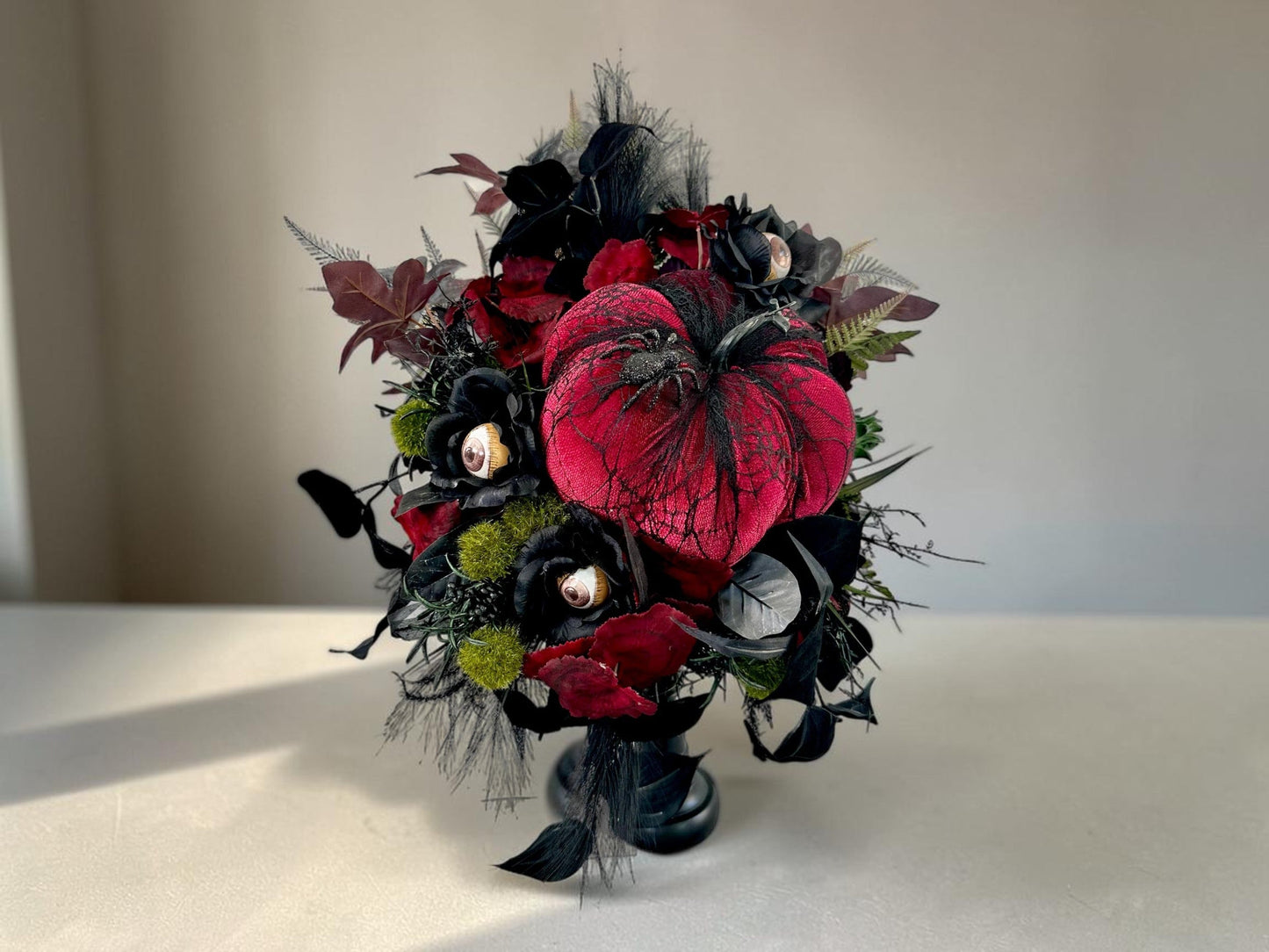 Spooky Glam Halloween Arrangement - Elegant Black Candlestick with Burgundy Foam Pumpkin and Halloween Florals-TCT1674 TCT Crafts
