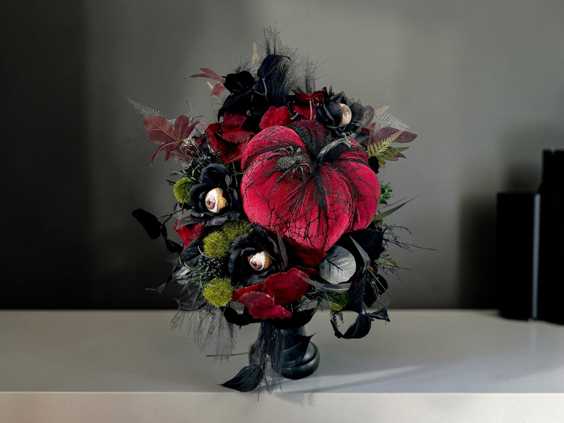 Spooky Glam Halloween Arrangement - Elegant Black Candlestick with Burgundy Foam Pumpkin and Halloween Florals-TCT1674 TCT Crafts