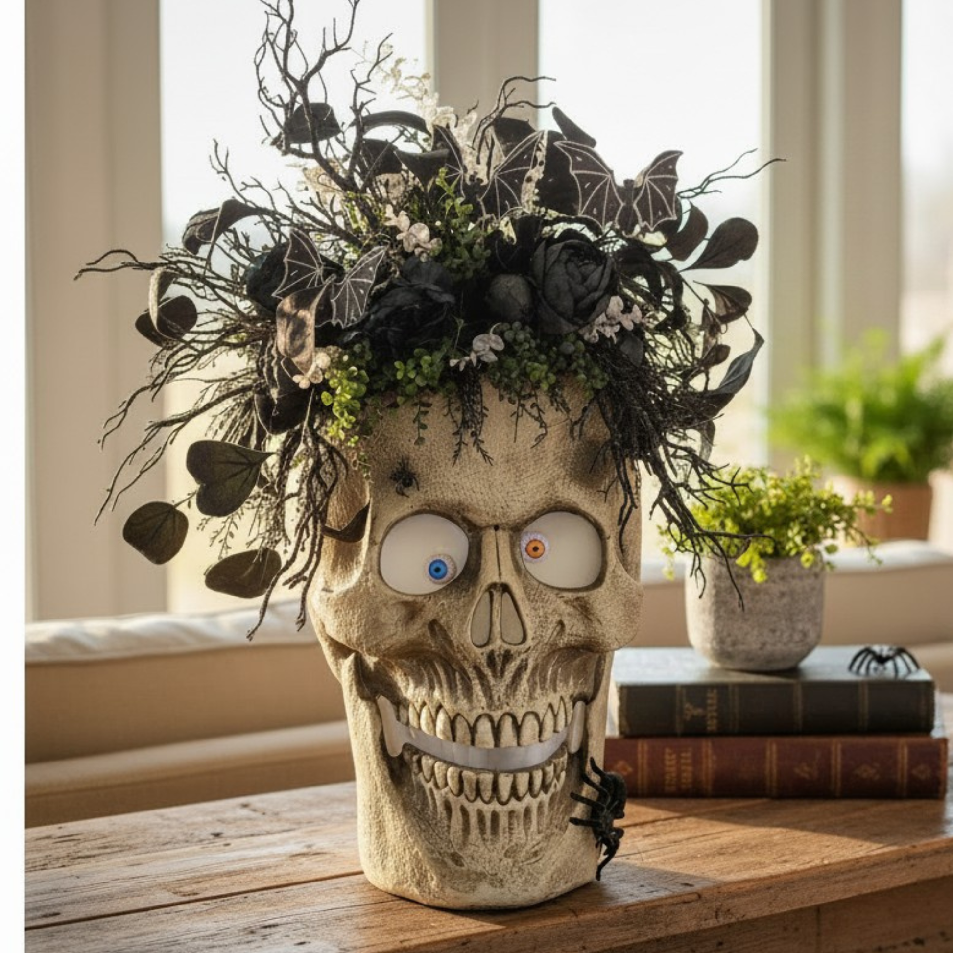 Animated Halloween Skull Porch Decor with Lights Sound and Gothic Florals TCT Crafts