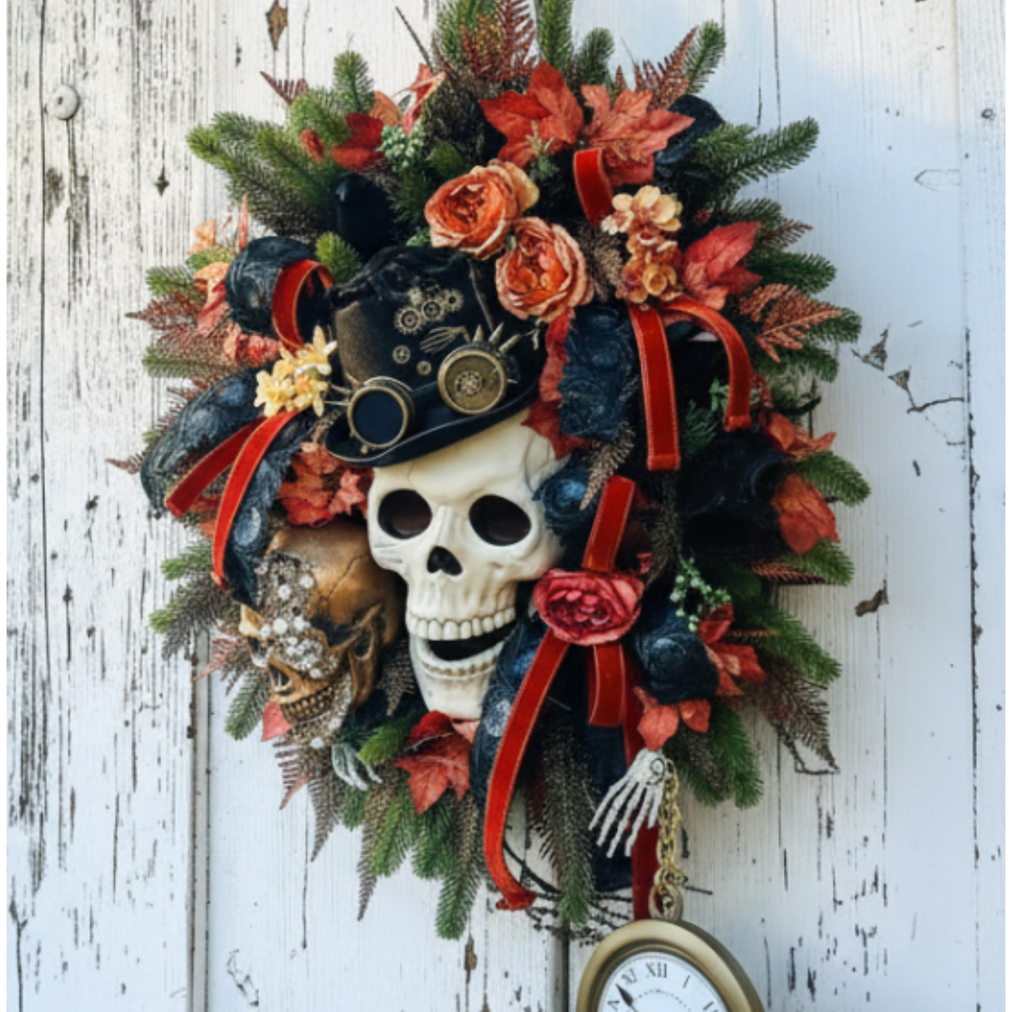 XL Steampunk Halloween Wreath with Skulls, Crows, Clock & Velvet Ribbon – Gothic Fall Door Decor TCT Crafts