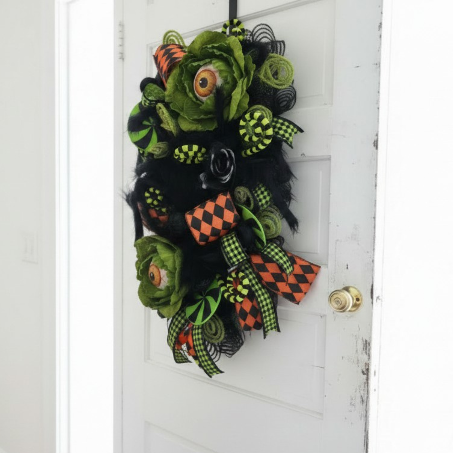 Fun and Whimsical Eyeball Halloween Swag | 32"x18" Decor with Fuzzy Spider, Eyeball Sprays, and Harlequin Ribbon TCT Crafts