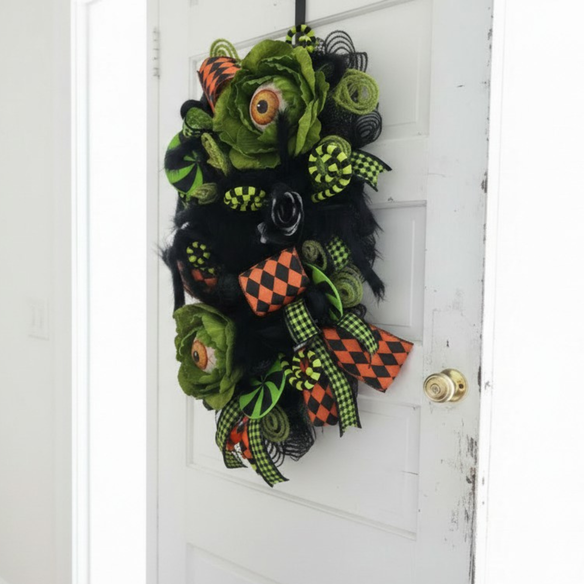 Fun and Whimsical Eyeball Halloween Swag | 32"x18" Decor with Fuzzy Spider, Eyeball Sprays, and Harlequin Ribbon TCT Crafts