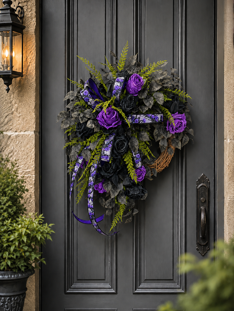 Dark Moody Halloween Wreath — Purple and Black Rose Grapevine Wreath, 32 Inch TCT Crafts