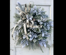 Load image into Gallery viewer, Winter Pine Grapevine Wreath | 29&quot;x26&quot; | Snowy Holiday Wreath with Frosted Pine, Lamb’s Ear, and Birch Ribbon