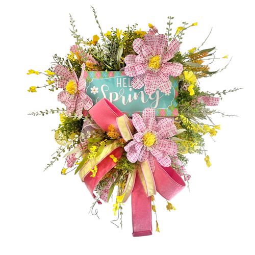 Hello Spring Deco Mesh Wreath for Front Door - Vibrant Yellow and Pink Flowers with Greenery - Seasonal Springtime Outdoor & Indoor Wreath