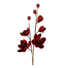 Load image into Gallery viewer, 28.5&quot; Red Glitter Beaded Velvet Magnolia Spray - Holiday &amp; Valentine’s Floral Stem