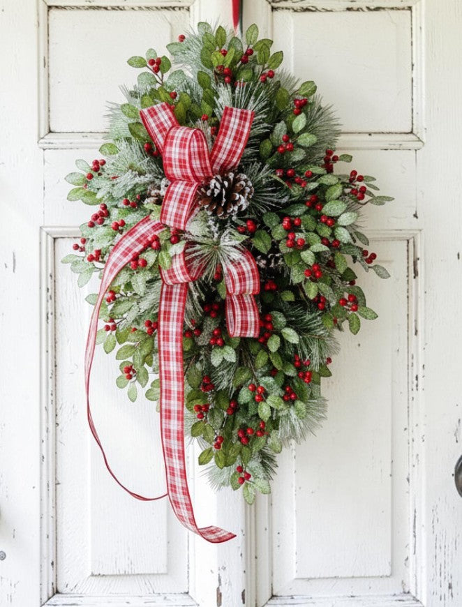 31" Grand Holiday Teardrop Swag – Flocked Pine, Holly & Plaid Ribbon TCT Crafts