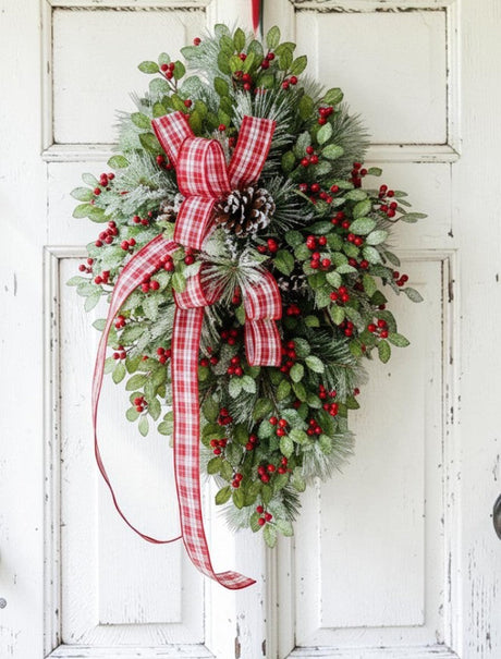 31" Grand Holiday Teardrop Swag – Flocked Pine, Holly & Plaid Ribbon TCT Crafts