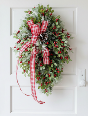 31" Grand Holiday Teardrop Swag – Flocked Pine, Holly & Plaid Ribbon TCT Crafts