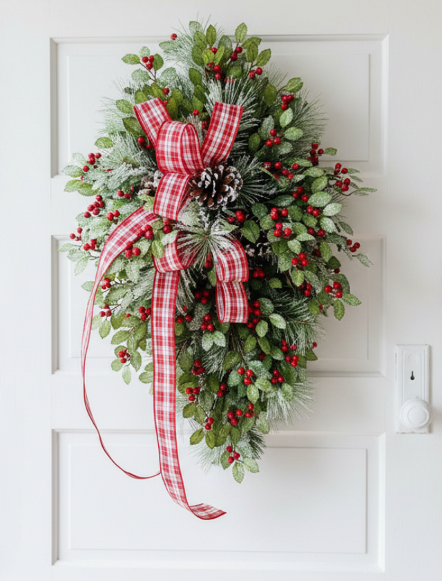 31" Grand Holiday Teardrop Swag – Flocked Pine, Holly & Plaid Ribbon TCT Crafts