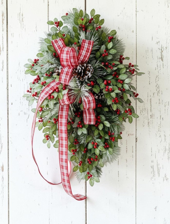 31" Grand Holiday Teardrop Swag – Flocked Pine, Holly & Plaid Ribbon TCT Crafts